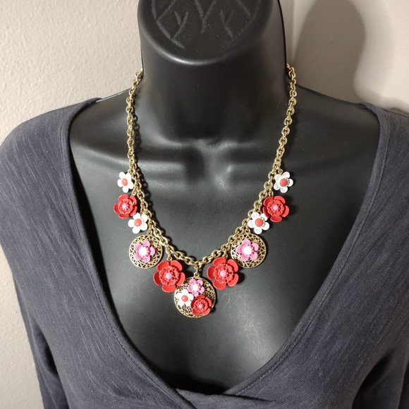 Very Cute Talbots Red, Pink, And White Flower Necklace 21 Inches Long - Picture 1 of 15